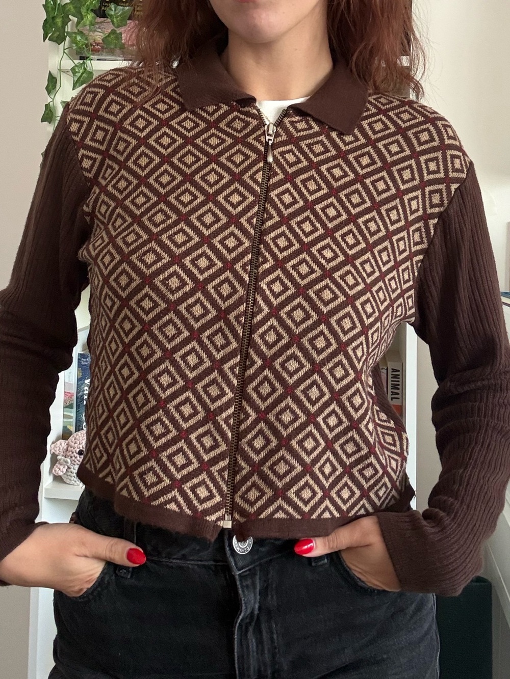 Diamond-Pattern Zip-Front Brown Women's Cardigan
